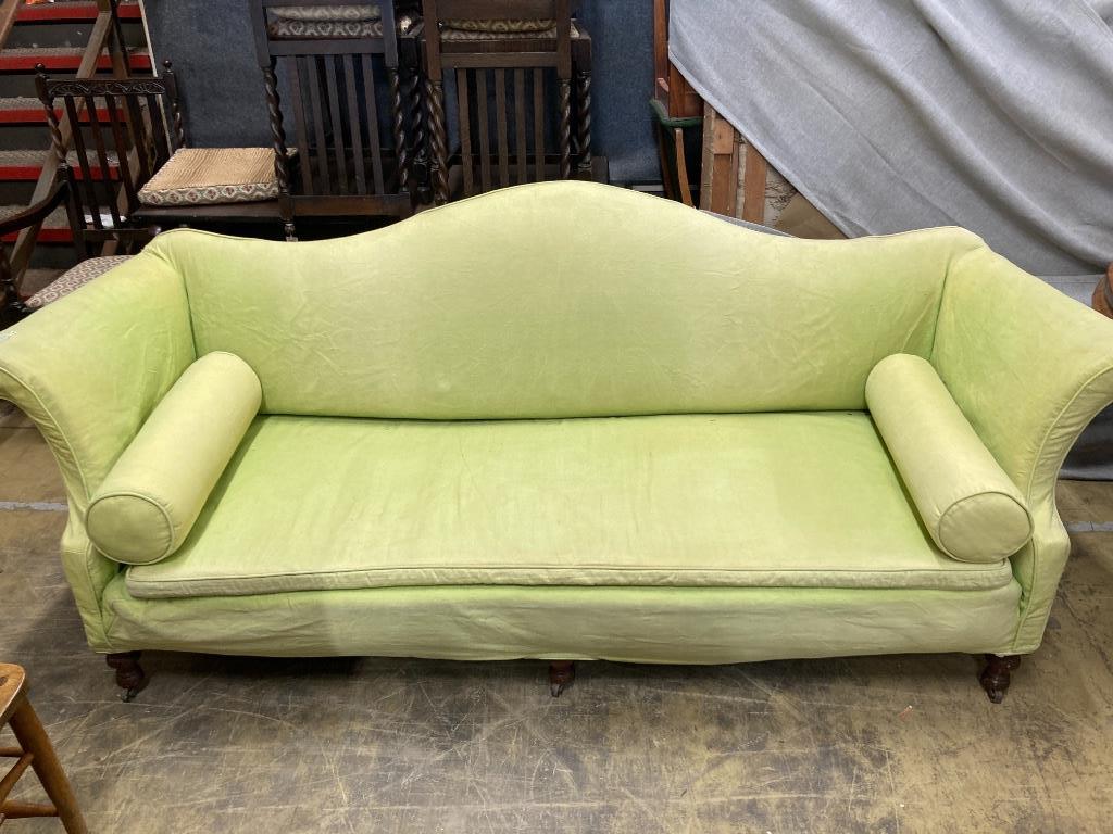 A George III style sofa with pale green loose cover, length 232cm, depth 80cm, height 93cm